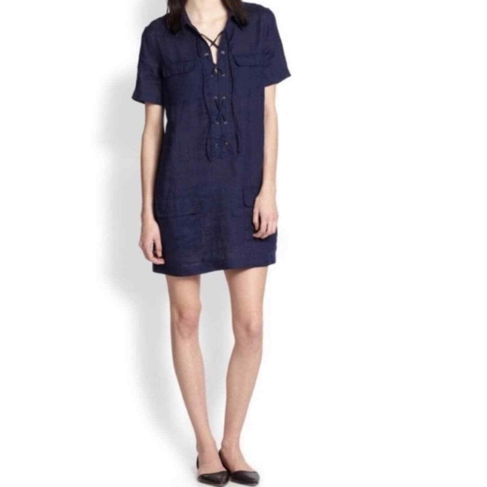Equipment short sleeve lace up linen shirtdress navy blue flap patched pockets
